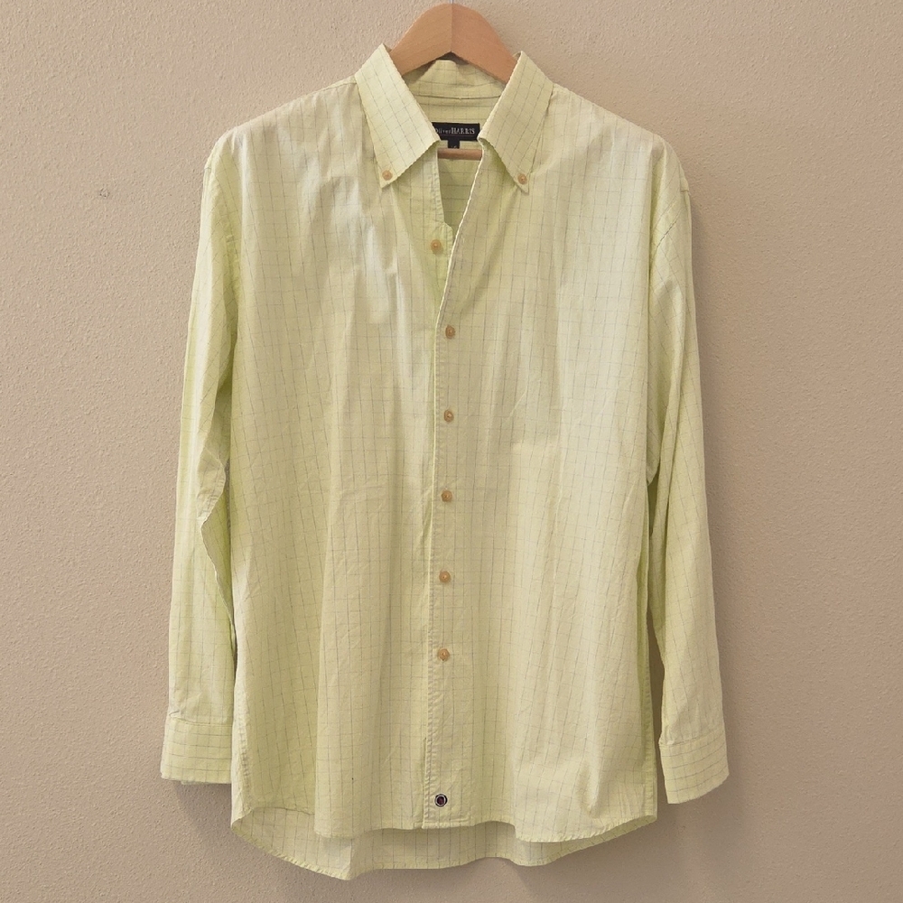 Oliver Harris Mens Light Yellow Blue Plaid Button-Down Cotton Casual Shirt 15.5